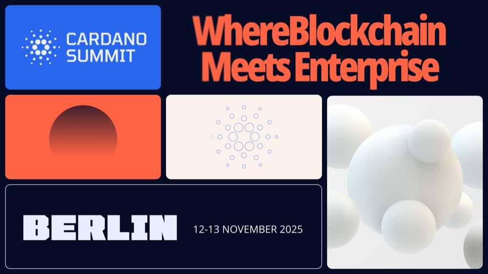 Bento-style social card: modular blocks with the Summit logo, the orb, the Cardano mark and Berlin dates