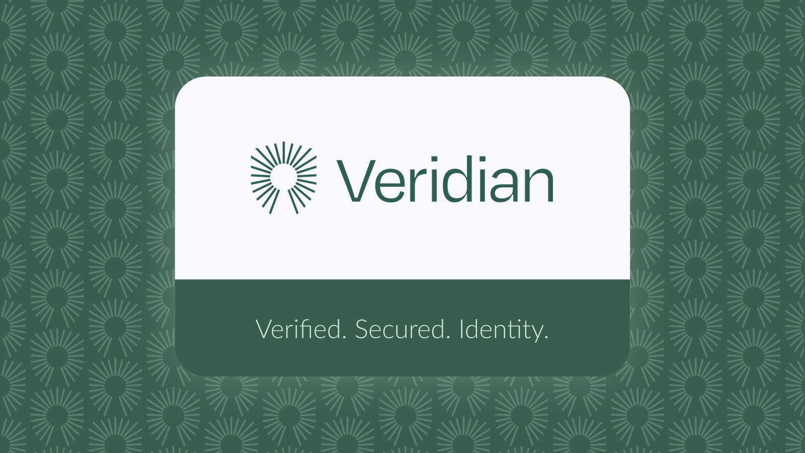 Veridian card with the logo over a repeating pattern of the mark